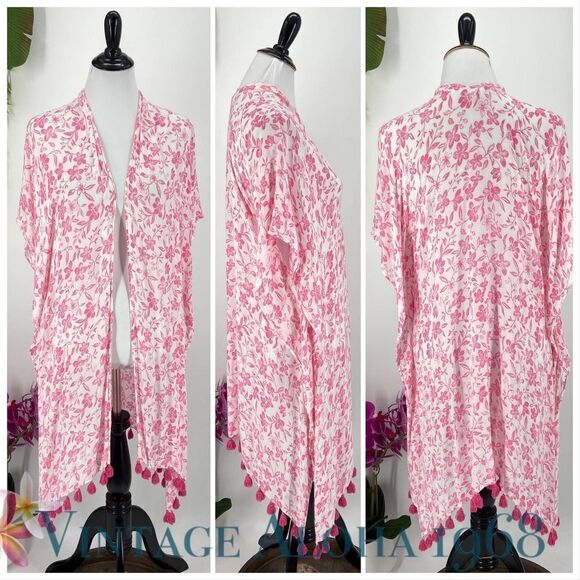 Nordstroms Swim Cover-up Summer Open Front Poncho Pink White Floral - Picture 1 of 6